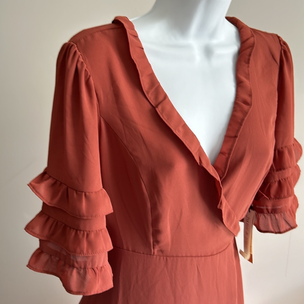 Rust Ruffle Wrap Midi Dress - Women - Picture 7 of 8